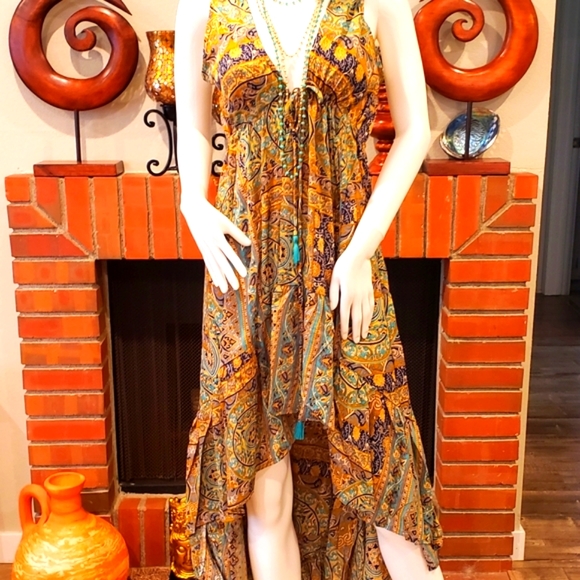 Karma Highway*2 Prints Avail* Silky Hi-Lo Ruffle Hem Sangria Dress OS NEW - Picture 2 of 6
